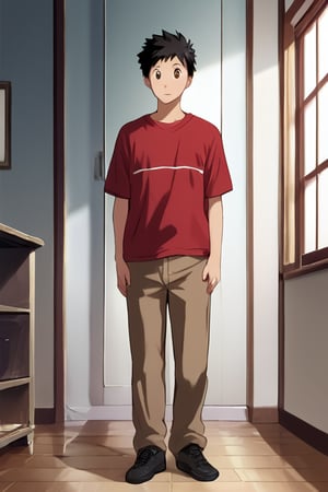 score_9, score_8_up, score_7_up, score_6_up, highly detailed, masterpiece, best quality,detailed,intricate details, amazing quality, best aesthetic, absurdres,source_anime, takeshi yamamoto, black hair, brown eyes, 1boy, solo, male focus, Red collard shirt, Brown pants, longe pants, full body, standing, 
