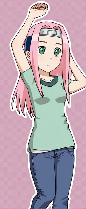 1girl, pink hair, long hair, green eyes, forehead protector, pink t shirt, raglan slevees, jeans,  Sakura