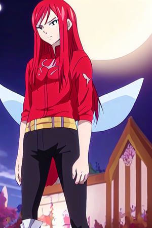 Red Hair, Erza Scarlet, fairy tail, red shirt, black pants, moonlight background at night,erza from fairy tail, high quality,