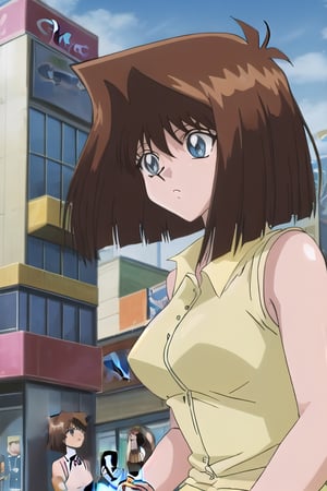  wristband, duel monsters ,hair brown ,blue eyes, Brown hair, anzu mazaki, duel monsters , hair brown , yellow dress with pink cardigan, outdoors, day time city, short hair,
