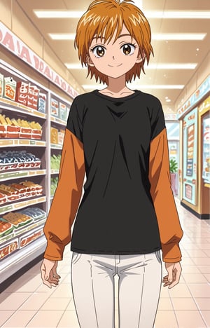 score_9, score_8_up, score_7_up, source_anime, 1girl, solo, nagisa misumi, short hair, brown hair, brown eyes, black shirt, orange sleeves, long sleeves,  indoors, smile, looking at viewer, solo, shoping mall, white pants, smile, 