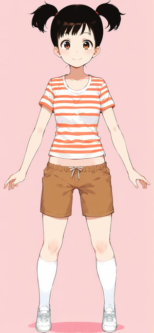 1girl, solo, smile, short hair, simple background, shirt, black hair, twintails, brown eyes, full body, shoes, shorts, socks, midriff, striped, kneehighs, pink background, short twintails, white socks, sneakers, striped shirt, brown shorts