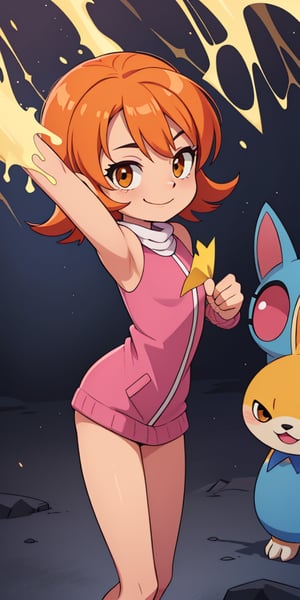 SoraDef, smile, short hair, orange hair,  yellow dress, white cardigan, orange eyes, digimon