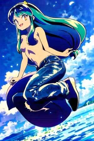 lum, (long hair:1.1), (brightly colored hair:1.3), (looking at viewer:1.3), smile,open mouth, happy, (levitation:1.3), topless blue Jeans trousers, white shoes,