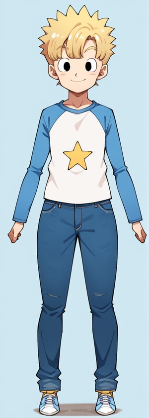 solo, smile, blonde hair, simple background, 1boy, full body, male focus, shoes, pants, star \(symbol\), black eyes, denim, sneakers, jeans, raglan sleeves,score_9_up,score_8_up,score_7_up,source_anime,akiratoriyama