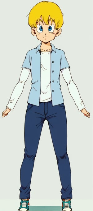 solo, blue eyes, blonde hair, simple background, 1boy, full body, male focus, shoes, pants, denim, sneakers, jeans,score_9,score_8_up,score_7_up,drgbls1,akiratoriyama