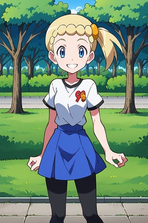 score_9, score_8_up, score_7_up, score_6_up, blue eyes, blond hair, side ponytail,  white t shirt, blue skirt, black leggings, standing, day, park, bonnie, smile, mouth open, source_anime