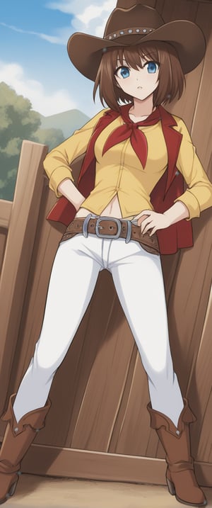 anzu mazaki, blue eyes, brown hair, short hair, cowboy outfit, long slevee, cowboy hat, yellow shirt, white jeans, belt, red vest, wildwest, outdoors,  neckerchief, anzu mazaki, cowboy boots, 