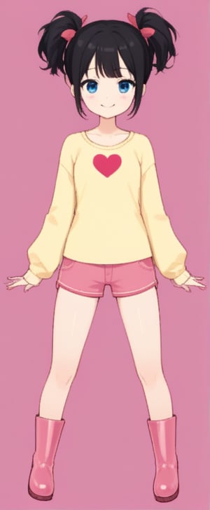 1girl, solo, looking at viewer, smile, short hair, blue eyes, shirt, black hair, long sleeves, twintails, standing, full body, heart, boots, shorts, pink background, short twintails, yellow shirt, pink footwear, pink shorts