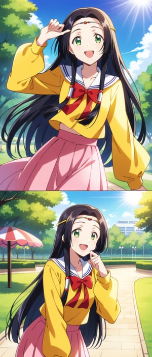 sumeragi kaguya, green eyes, black hair, long hair, hair tubes, red bow, yellow t shirt, pink skirt, butterfly print, long sleeves, smiling, sunny day, park, mouth open teeth, 
