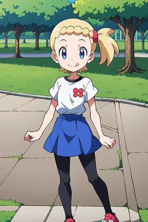 score_9, score_8_up, score_7_up, score_6_up, one child, tongue out, blue eyes, blond hair, side ponytail,  white t shirt, blue skirt, black leggings, standing, day, park, bonnie, smile, mouth open, source_anime