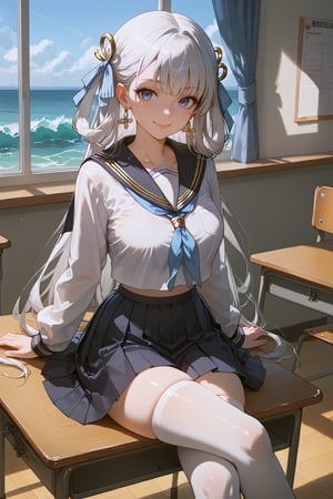 an anime girl dressed in white and blue sits on a chair on a desk, 1girl, thighhighs, solo, crossed legs, white thighhighs, skirt, school uniform, sitting, indoors, mole under eye, classroom, mole, jewelry, desk, long hair, looking at viewer, long sleeves, earrings, serafuku, black skirt, bangs, white shirt, hair ribbon, shirt, closed mouth, school desk, sailor collar, pleated skirt, white hair, grey eyes, ribbon, hair rings, neckerchief,jinhsi_(wuthering_waves),1girl