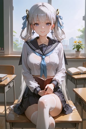 this girl is sitting on a chair at a desk reading a book, 1girl, thighhighs, solo, crossed legs, white thighhighs, skirt, school uniform, sitting, indoors, mole under eye, classroom, mole, jewelry, desk, long hair, looking at viewer, long sleeves, earrings, serafuku, black skirt, bangs, white shirt, hair ribbon, shirt, closed mouth, school desk, sailor collar, pleated skirt, white hair, grey eyes, ribbon, hair rings, neckerchief,jinhsi_(wuthering_waves),1girl