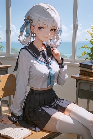 this girl is sitting on a chair at a desk reading a book, 1girl, thighhighs, solo, crossed legs, white thighhighs, skirt, school uniform, sitting, indoors, mole under eye, classroom, mole, jewelry, desk, long hair, looking at viewer, long sleeves, earrings, serafuku, black skirt, bangs, white shirt, hair ribbon, shirt, closed mouth, school desk, sailor collar, pleated skirt, white hair, grey eyes, ribbon, hair rings, neckerchief,jinhsi_(wuthering_waves),1girl