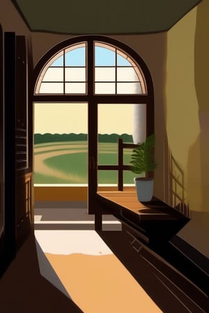 Indoor scene with a large window framing a serene landscape outside. A worn wooden chair and sturdy table sit in front of the window, while a staircase curves up along one wall, its steps disappearing into shadows. The door at the far end of the room is slightly ajar, revealing a glimpse of the hallway beyond.