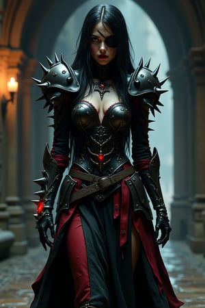 a picture of a necromancer witch from a dark fantasy setting. she is wearing a lightweight armour made of black leather with red accets and metal spikes. she has long black hair and an eyepatch on her left eye. her skin is pale, her lips red and her eye black. she has large, spiky shounderpads and is wearing leather belts. on her left hand she is wearing a silver gauntlet with a red ruby on the back of the hand. the ruby is glowing. she is very thin. she's walking in a corridor in a castle at night. 