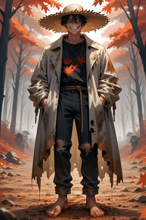 
autumn. forest dead leaves. dirt path. falling leaves. dark atmosphere, horror. a tall, undead zombified eyeless man wearing a wide-brimmed straw hat stands on a dirt path. he is wearing a rope tied around his neck like a noose around his neck tattered coat, a simple shirt and torn trousers. he is barefoot. his eyes and most of his face are covered in darkness, completely invisible, but an evil grin is clearly visible. around his neck he has a hangman's noose with a frayed edge his arms lie at his side. he is extremely thin and has wrinkly, tan skin.,z0mb13
natural lighting triadic lighting 