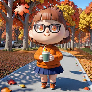 1girl,chibi,3D animal crossinf human 
chibi girl wearing sweater pleated skirt fat bbw found belly big belly long brown hair glasses fat girl standing on a path holding a coffee cup autumn autumn trees falling leaves 