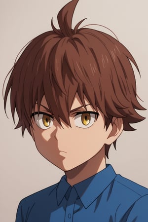 score_9, score_8_up, source_anime, highly detailed, solo, 1boy, male focus,,masterpiece,cartoon, portrait, looking_at_viewer, thin, big_eyes, Child Emperor,Isamu,brown hair, yellow eyes, spiky hair, ahoge, blue polo shirt,blue pants, orange shoes,