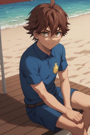 score_9, score_8_up, source_anime, highly detailed, solo, 1boy, male focus,score_9_up,score_7_up,masterpiece,cartoon, portrait, looking_at_viewer, thin, big_eyes, Child Emperor,Isamu,brown hair, yellow eyes, spiky hair, ahoge, beach, sitting, looking_at_side, blue_shirt, smile,