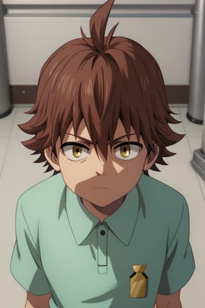 score_9, score_8_up, source_anime, highly detailed, solo, 1boy, male focus,masterpiece,cartoon, looking_at_viewer, big_eyes, Child Emperor,Isamu,brown hair, yellow eyes, spiky hair, ahoge, 3d_shading, shadows, laboratory,