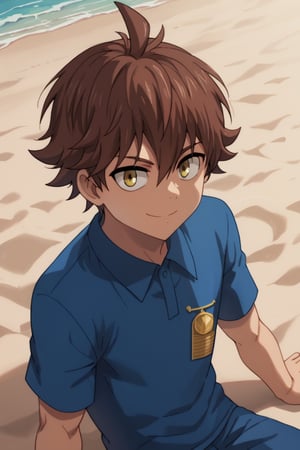 score_9, score_8_up, source_anime, highly detailed, solo, 1boy, male focus,score_9_up,score_7_up,masterpiece,cartoon, portrait, looking_at_viewer, thin, big_eyes, Child Emperor,Isamu,brown hair, yellow eyes, spiky hair, ahoge, beach, sitting, looking_at_side, blue_shirt, smile,