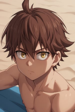 score_9, score_8_up, source_anime, highly detailed, solo, 1boy, male focus,score_9_up,score_7_up,masterpiece,cartoon, portrait, looking_at_viewer, thin, big_eyes, Child Emperor,Isamu,brown hair, yellow eyes, spiky hair, ahoge, beach, laying_down, looking_at_side,