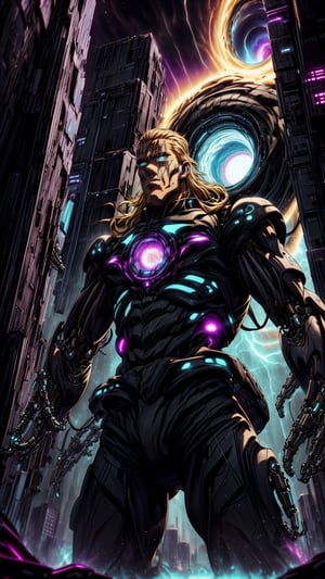 1boy, king, anime, one punch, blonde hair, solo, scar, blue eyes, long hair, ulblackholetech, scifi, technology, mechanical suit, excessive energy, blackhole, city