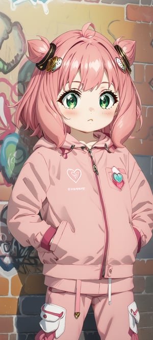 anya forger, bangs, green eyes, pink hair, ahoge, hair ornament, hairpods, child, female child, dark_techwear, pink jacket, hands in jacket pockets, pink joggers pants, fullbody, wall, graffiti, intricate_details_xl