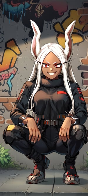 rumi usagiyama, long hair, animal ears, white hair, dark skin, rabbit ears, slightly toned, dark-skinned female, rabbit girl, perfect eyes, red eyes, parted bangs, smiling, dark_techwear, black jacket, black pants, belt, shoes, full body, wall, graffiti, squatting, hands over knees, dynamic pose