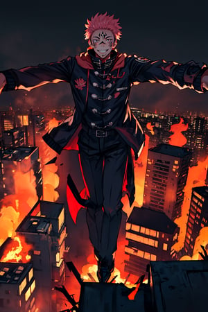 overlooking city on fire, destroyed buildings, crazy smile, selfie pov, Nighttime, high view shot, full body shot, SUKUNA, a guy with pink hair, wearing black and red jacket, tattoo_on_his_face