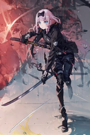 eft_liw_chika, 1girl, fujiwara chika, blue eyes, solo, bow, hair bow, pink hair, long hair, bangs, black bow, black techwear jacket, black gloves, tactical vest, with pink buckle and tape, pink belt, full body, classroom, KatanaOneHand, battle pose
