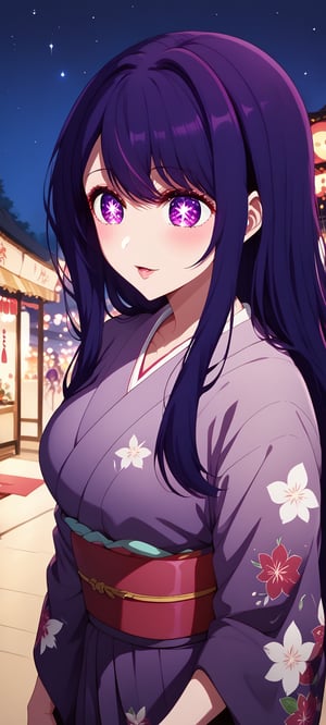 1girl, ai hoshino, long hair, bangs, purple eyes, perfect eyes, purple hair, symbol-shaped pupils, perfect eyes, purple kimono, floral kimono, festival, night, intricate_details_xl