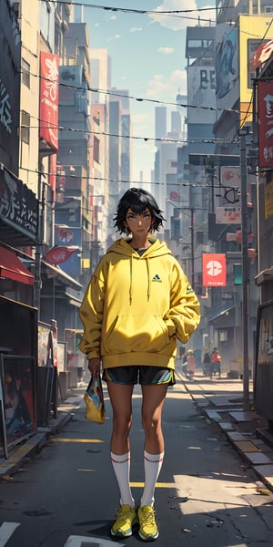 nilah \(league of legends\), 1girl, nose piercing,  yellow hoodie, black shorts, ((long socks)), ((colored socks)), ((yellow socks)), yellow sneakers, black hair, city, empty hands