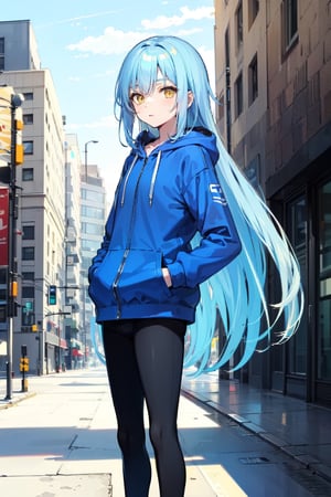 rimuru tempest, blue hair, yellow eyes, long hair, blue hoodie, hands in pocket, standing infront building