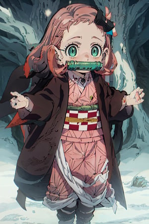 Snow, forest, normalnezuko, bit gag, multicolored hair, pink kimono, haori, checkered sash, anya_forger_spyxfamily, pink hair, female_child, child, green_eyes