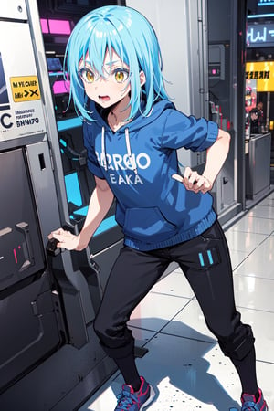 rimuru_tempest, blue hoodie, black pant, cyberpunk