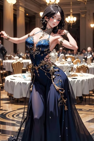 photo of (roman blue marble sculpture of the Aphrodite:1.3) , (dynamic pose), ballroom dancing pose, Detailed face, breathtaking ballroom gown, (wearing ballroom dress:1.4), absurdres, (intricate detail), (super detailed), 8k hdr, high detail, photorealistic, unohana retsu, single braid, 1 girl