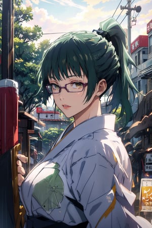 star haori, in a town, Detailed Textures, high quality, high resolution, high Accuracy, realism, color correction, Proper lighting settings, harmonious composition, zenin_maki, ponytail, glasses, bangs, green hair, brown eyes