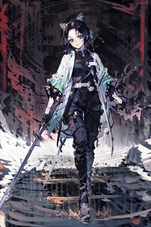 1girl, solo, butterfly hair ornament, purple eyes, multicolored hair, short hair, parted bangs, forehead, temple, blqck techwear jacket, black gloves, tactical vest, with buckle and tape, full body, kochou shinobu, KatanaOneHand, battle pose, smiling
