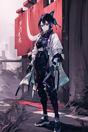 1girl, solo, butterfly hair ornament, purple eyes, multicolored hair, short hair, parted bangs, forehead, EFT_SHINOBU, temple, blqck techwear jacket, black gloves, tactical vest, with buckle and tape, full body, kochou shinobu