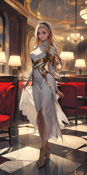 lux1, long hair, 1girl, luxurious dress, luxurious restaurant, solo,LuxuriousWheelsCostume