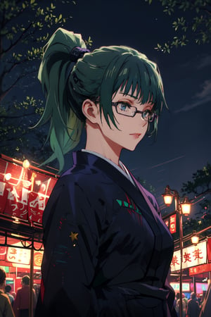 star haori, in a town, Detailed Textures, high quality, high resolution, high Accuracy, realism, color correction, Proper lighting settings, harmonious composition, zenin_maki, ponytail, glasses, bangs, green hair, brown eyes, nighttime, festival