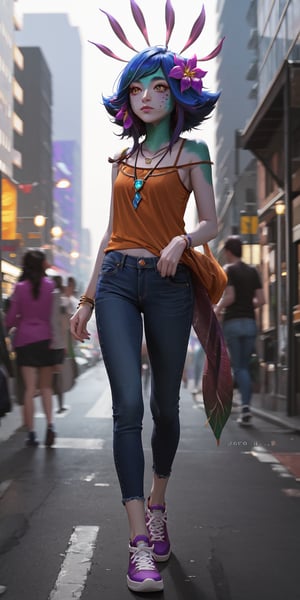 neeko, facial marks, hair ornaments, hair flower, necklace, purple shirt, bare shoulders, jeans pants, purple sneakers, city