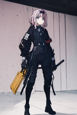 eft_liw_chika, 1girl, fujiwara chika, blue eyes, solo, bow, hair bow, pink hair, black bow, black techwear jacket, black gloves, tactical vest, with buckle and tape, full body, classroom