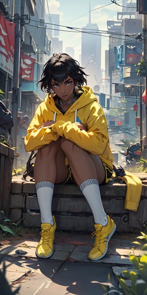 nilah \(league of legends\), 1girl, yellow hoodie, black shorts, ((long socks)), ((yellow socks)), yellow sneakers, black hair, city, empty hands