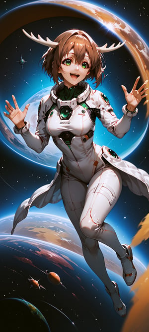 score_9, score_8_up, score_7_up, noko shikanoko, short hair, bangs, brown hair, hair between eyes, green eyes, horns, happy, space suit, floating, in space, full body, intricate_details_xl,beautiful_female_fingers,perfect hands,detailed hands,beautiful hands