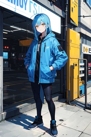 rimuru tempest, blue hair, yellow eyes, long hair, blue jacket, hands in pocket, standing infront building, cyberpunk