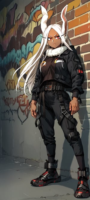 rumi usagiyama, long hair, animal ears, white hair, dark skin, rabbit ears, slightly toned, dark-skinned female, rabbit girl, perfect eyes, red eyes, parted bangs, dark_techwear, black jacket, black pants, belt, full body, wall, graffiti 