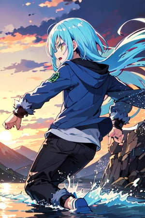 rimuru_tempest, running on water, angry, blue hoodie, black pant, sideview, red sun